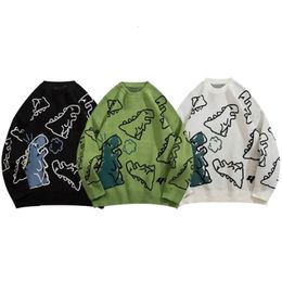 Sweater Men Harajuku Style Fashion Knitted Hip Hop Dinosaur Cartoon Pattern Pullover O-Neck Oversize Casual Couple Male Sweaters 240111