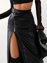 wsevypo Black PU Leather High Waist Pencil Skirts Vintage Grunge Women Streetwear Zipper Split Bodycon Midi Skirt with Belt 240112