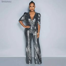 Women's Jumpsuits Rompers Sexy Night Club Party Evening One Piece Romper Jumpsuit Women Sequined Puff Half Sleeve Wrap V-neck Wide Leg Birthday OutfitsL240111
