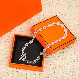 Luxury Pendant Necklace Pig Nose Brand Designer Copper White Gold Plated Hollow Round Bucket Thick Chain Choker For Women Jewelry With Box