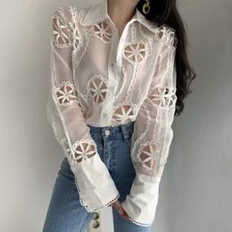 Spring Long Sleeve White Blouse Women Autumn Sexy Hollow Floral Embroidery Shirt Tops Vintage Loose Casual Blouses Blusas 13369 240111