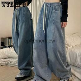 Calças de brim femininas capris primavera mulheres vintage baggy cintura elástica oversized calças americanas denim perna larga streetwear reto básico y2k