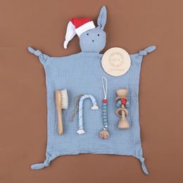 6Pcs Bunny Cotton Soothe Appease Towel Hairbrush Gift Wooden Toy Silicone Pacifier Clips Chain Christmas Box 240111