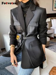 Fotvotee Jacket Women Black Wool Blends Patchwork Leather Jacket with Many Pockets Long Sleeve Korean Fashion Streetwear Coats 240111