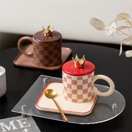 All-match Creative Chessboard Ceramic Cup Dish with Cover Spoon Big round Handle Mug Office Coffee Cup Home Drinking Cup