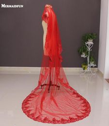 Bridal Veils 2021 One Layer Lace Appliques Red Long Wedding Veil Without Comb 3 Meters Voile Mariage1939484