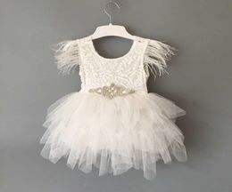 Princess baby feather dress 1st birthday party toddler girls lace flying sleeve summer dress kids tutu clothing with sashes Q07161579427