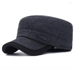 Autumn Winter Thick Flat Top Hats For Men Military Cap With Ear Flaps Army Sailor Captain Caps Dad Hat Wide Brim Delm227362083