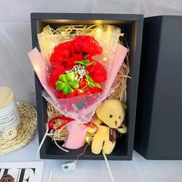 Decorative Flowers Valentine Love Grass Rose Carnation Soap Flower Bouquet With Teddy Bear In Gift Box For Girls Birthday Anniversary