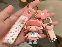 New Pink Cherry Blossom Girl Keychain Cute Girl Exquisite Backpack Pendant Threedimensional Cartoon Car Keyring Gifts Whole G7663266