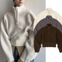 Women's Hoodies Withered Autumn/Winter High Street Fleece Sweater Simple Casual Half Zipper TurtleNeck Plush Hooded Short Sweatshirt Women