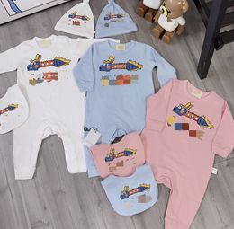 Designer Baby boys letter printed rompers toddler kids cartoon long sleeve jumpsuits with hats bibs infant girls cotton climb clothes sets S1025