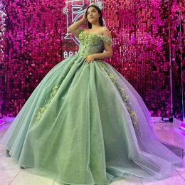 Luxury Green Quinceanera Dresses Off Shoulder Applique Beads Crystal Corset Ball Gown Birthday Party Dress Prom Vestido De 15 16