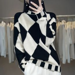 Fall/winter diamond Cheque contrast Colour 100% cashmere sweater women's semi-turtle neck loose wool sweater 240111