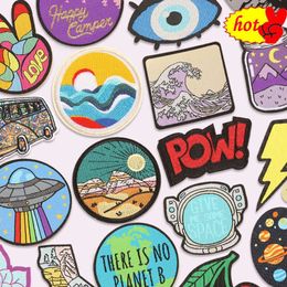 Patches for Jackets Outdoor Thermocollant Rock Iron on Clothing 6 x 4 Scenery Space Ufo Bus Compass Eyes Cherry Embroidery Small