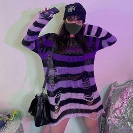 Purple Striped Gothic Sweaters Women Ripped Holes Loose Knitted Pullover Frayed Fairy Grunge Jumpers Emo Streetwear Lolita 240111