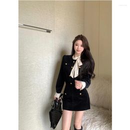 Work Dresses French Sweet Girl Suit Women's Autumn/Winter Black Velvet Coat High Waist Mini Skirt Two-piece Set Fashion Female Clothes