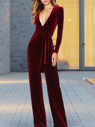 Solid Jumpsuits for Women Fall Winter Chic Long Sleeve V Neck Romper Korean Office Lady Lace Up High Waisted Wide Leg 240112