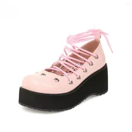 Dress Shoes Women's Retro Preppy Platform Lace-Up Round Toe Pumps Casual PU Leather High Mid Heels Japanese Lolita Student Wear