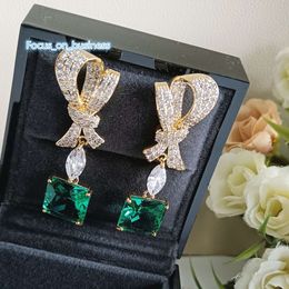 Luxury Dangle Earrings Magnificent Inspirations Brand Designer Copper Full Crystal Butterfly Knot Bow Green Square Zircon Charm Drop Earrings For Women Jewelry