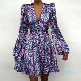 Casual Dresses Elegant Lantern Sleeve A-Line Mini Dress Office Lady Print Long Women Sexy