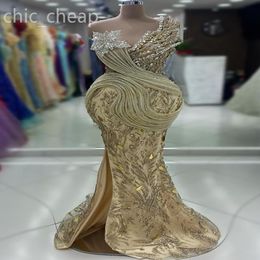 2024 Aso Ebi Champagne Mermaid Prom Dress One Shoulder Beaded Crystals Evening Formal Party Second Reception Birthday Engagement Gowns Dresses Robe De Soiree ZJ434