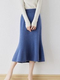 Women's Cashmere Mermaid Skirt 100% Wool Sweater Casual Knitted Fishtail Dress Slim Monochromatic Skirt Autumn and Winter Fa 240111