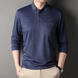 80% algodão camisa polo para masculino sólido macio outono roupas manga longa bolso primavera polo t-shirts coreano casual masculino topos 240111
