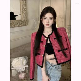 Women's Jackets Sweet And Girl Rose Red Coat Autumn Round Neck Long-sleeved Tweed Single Breasted Cardigan Fashion Female Clothes