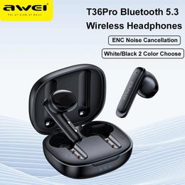 Earphones Awei T36Pro ENC Earphone Wireless Headphone Bluetooth 5.3 with Mic ENC Noise Cancellation HiFi True Wireless Earbud 300mAh