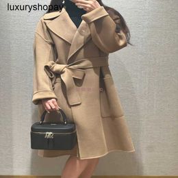 Maxmaras Womens Cashmere Coats Wrap Coat Camel Hair Wool 23fw New Rovo Solid Color Lace Up Waist Fold Collar Double Sided Woolen for Women