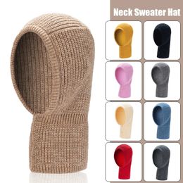 Autumn Winter Solid Colour Button Wool Cap Men Women Knitted Neck Warm Protection Hooded Windproof Snow Scarf 240111