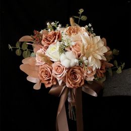 Wedding Flowers JaneVini Retro Coffee Roses Bouquets Artificial Bride Flower Bridal Bouquet Silk Peonies Ribbon Hochzeits Blumen