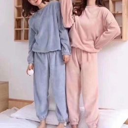 Running Sets Women Pyjama Set Cosy Women's Long Sleeve Tops Elastic Waist Pants Soft Coral Fleece Loungewear Plaid Sleepwear