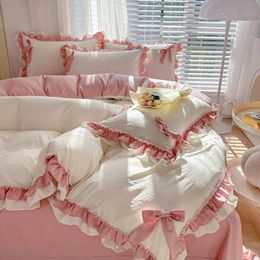 Pink Girl Bedding Set Luxury Princess Ruffle Bow Bed Linen Thicken Warm Washed Cotton Quilt Cover Sheet Pillowcase Decor Bedroom 240112