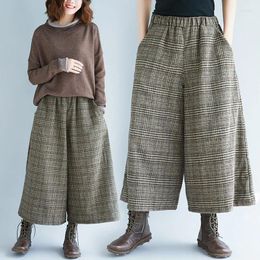 Women's Pants Casual Elastic Waist Wide Leg Grid Print Loose Capri