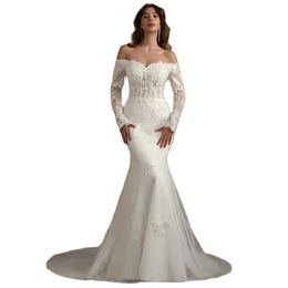 Tulle underbar vit bröllopsklänning Applique Crystal Poaded Long Sleeve Mermaid golvlängd Brudklänning Vestidos de Novia