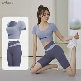 Yoga Outfit Women's Tracksuits Splicing Seamless Yoga Set Women Gym Clothes High Waist Yoga Pants Short Sleevs Crop Top Sexy Bra Fitness Sportwear Running YQ240115