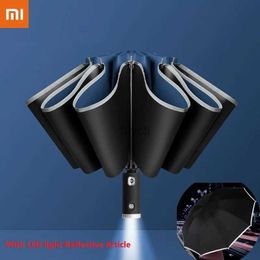 Umbrellas New Xiaomi Auto Open Close Light-emitting LED Reverse Umbrella Ten-bones Three-folding Automatic Business Umbrella with Light YQ240112