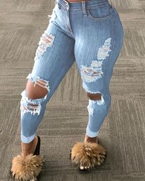 Women's Jeans Korean Fashion Slim Fit Women Midi-waist Solid Colour Ripped Hole Tassel Stretch Denim Pencil Long Trousers Casual Pants
