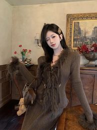 Vintage Fluffy Tassel V-neck Cardigans Coat Autumn Winter Slim Fit Tops Women Y2k Grunge Long Sleeve Sweaters Mujer 240111