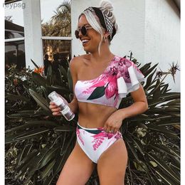 Women's Swimwear Women Ruffle Bikini Set Floral Printed High Waist Single Shoulder Summer Beachwear Push Up Flounce Swimsuit Bath Suit YQ240112