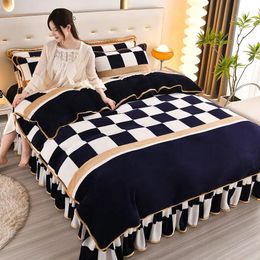 Flannel four piece set winter plush thickened milk velvet bed sheet quilt cover bed skirt three piece set bedding 240111