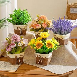 Decorative Flowers Artificial Plants Bonsai Pastoral Bohemia Flower Pot Lavender Woven Basket Office Table Ornament Home Garden Decor