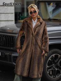 Dark Brown Faux Fur Long Overcoat Single Breasted Women's Fleece Long Trench Coat Winter Fluffy Plush Warm Outerwear 240111