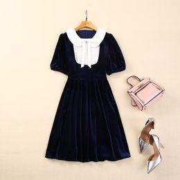 2024 Spring Black Contrast Color Ribbon Tie Bowknot Dress Short Sleeve Lapel Neck Sequins Knee-Length Casual Dresses A4J09