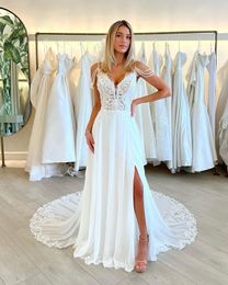 2024 Bohemian Western Country A Line Wedding Dresses Beach Spaghetti Straps Illusion Sexy Chiffon Sleeveless Bridal Gowns Side Split Sweep Train Open Back