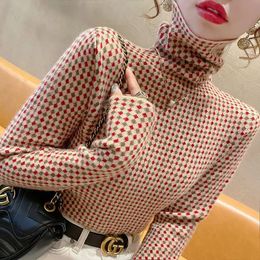 Fashionable High Elasticity Christmas Green Red Colour Spliced Diamond Cheque Pattern Sweaters Slim Turtleneck Autumn Winter Wild 240112