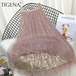TIGENA Fashion Sequined Long Tulle Skirt Women Aesthetic Korean Casual A Line Elastic High Waist Midi Mesh Skirt Female Pink 240111