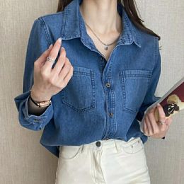 Women's Blouses 2024 Temperament Office Lady Women Vintage Chic Long Sleeves Spring Autumn Thin Single Breasted Denim Shirt Oversized 3XL